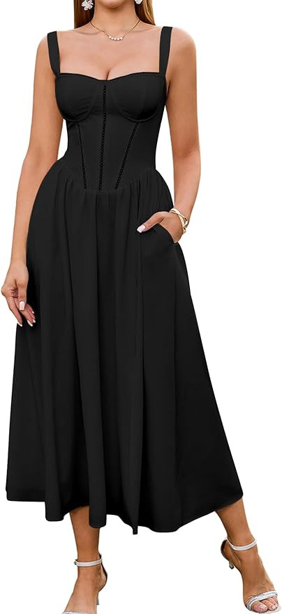 KUTUMAI Floral Corset Midi Dress Flowy Slit Summer Spring Wedding Guest Dresses for Women Sundres... | Amazon (US)