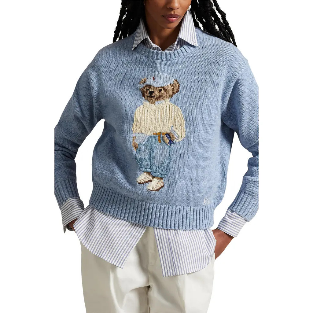 Polo Ralph Lauren Polo Bear Intarsia Crewneck Sweater in Chambray Marl at Nordstrom, Size Medium | Nordstrom