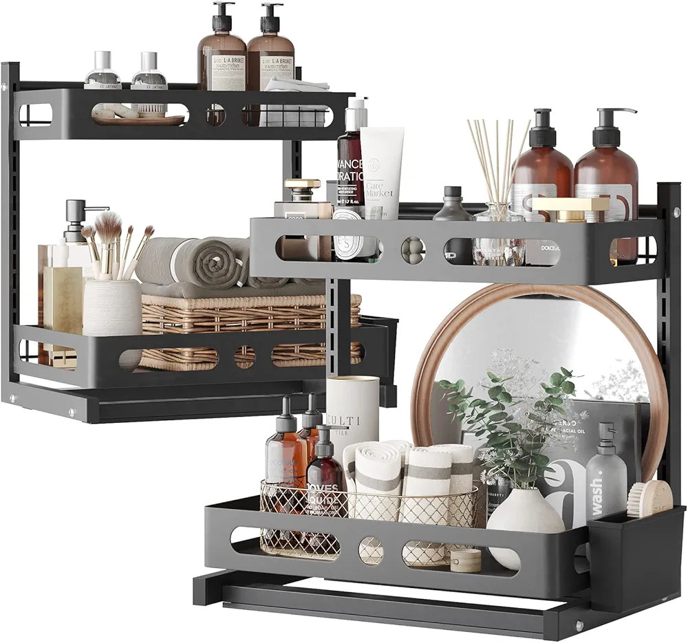 Amazon.com: NETEL Under Sink Organizer,Pull Out Sliding Cabinet Basket Organizer 2 Tier Under Bat... | Amazon (US)