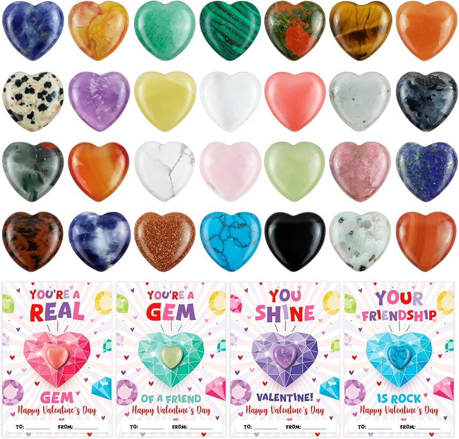 Valentines Day Gifts for Kids,28 Pack Valentines Cards with Heart Shape Crystals Gemstones Bulk f... | Amazon (US)