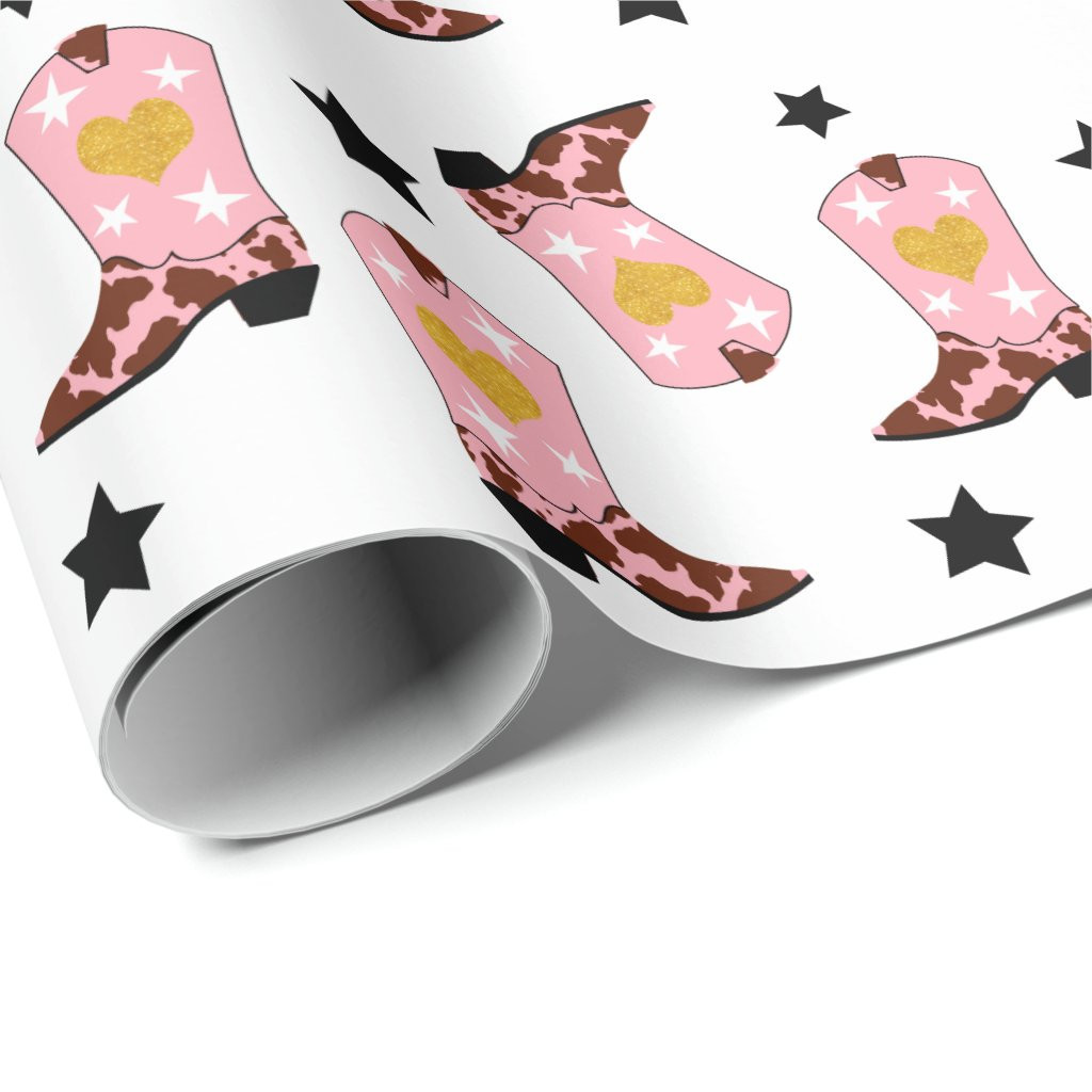 Modern Girly Pink Cowgirl Western Boots Heart Wrapping Paper | Zazzle