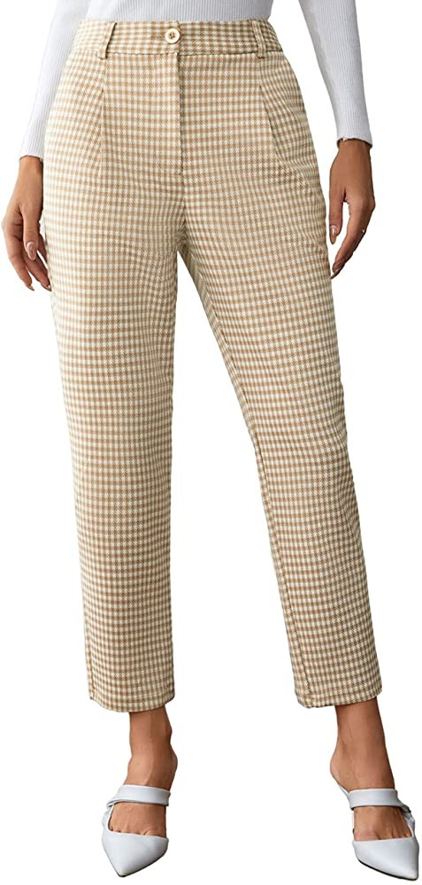 GRACE KARIN Women's Casual Work Pants with Pockets Elastic Waist Plaid Pants | Amazon (US)