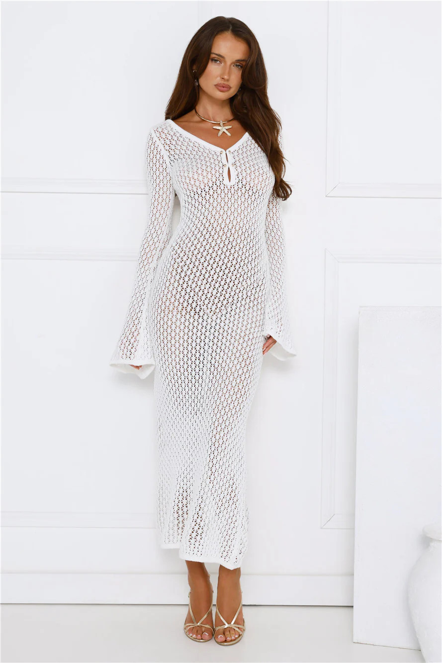 Sailing Into Sunset Knit Long Sleeve Maxi Dress White | Hello Molly (US)