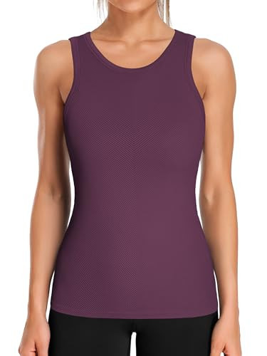 ATTRACO Ribflex Womens Tank Tops with Built in Bra Workout Tops High Neck Athletic Sports Tank Dark Purple X-Large | Amazon (US)