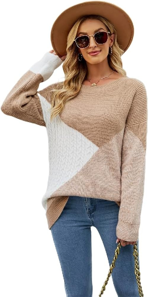 Color Block Sweater for Women Oversized Crew Neck Knit Pullover Jumper Tops | Amazon (US)