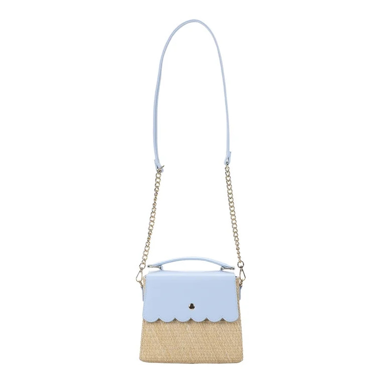 Packed Party Women's Woven Straw Crossbody Bag with Faux Leather Scallop and Chain Strap, Blue | Walmart (US)