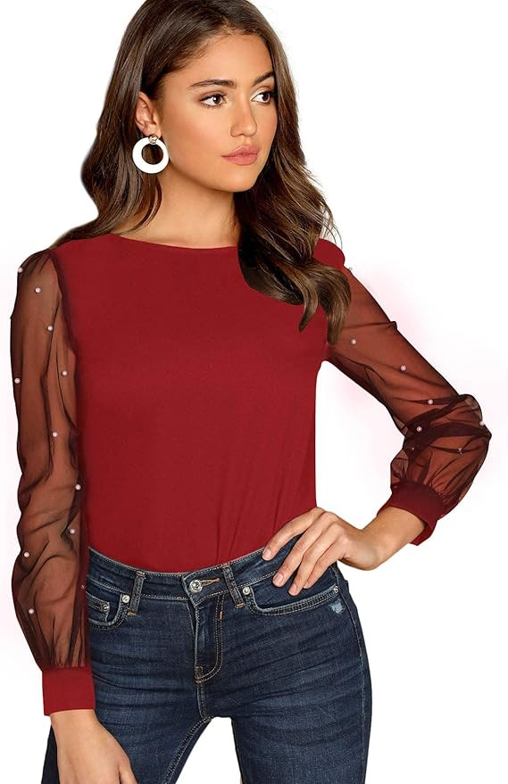 Floerns Women's Pearl Sheer Mesh Long Sleeve Tops Blouse | Amazon (US)