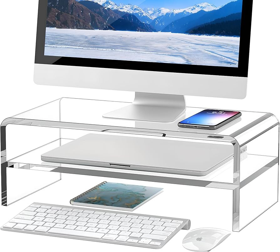 Egchi Clear Acrylic Monitor Stand Riser 2 Tier, 5.12 Inches High Clear Computer Desk Organizer Sh... | Amazon (US)