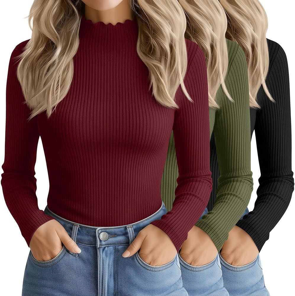 3 Pack Women's Cotton Long Sleeve Mock Turtleneck Tops Ribbed Lettuce Trim Slim Fit Shirts Therma... | Amazon (US)