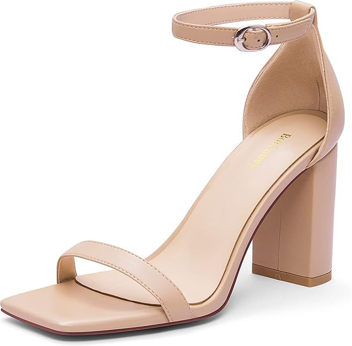 BENIN Heels for women chunky heel Ankle Strap Heeled Sandals Square toe heels Open Toe Summer hee... | Amazon (US)