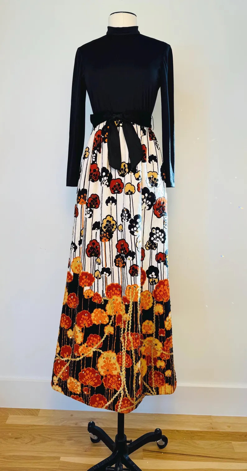 60s Malcolm STARR Rhinestone Floral Print Maxi Dress | Etsy (Global)