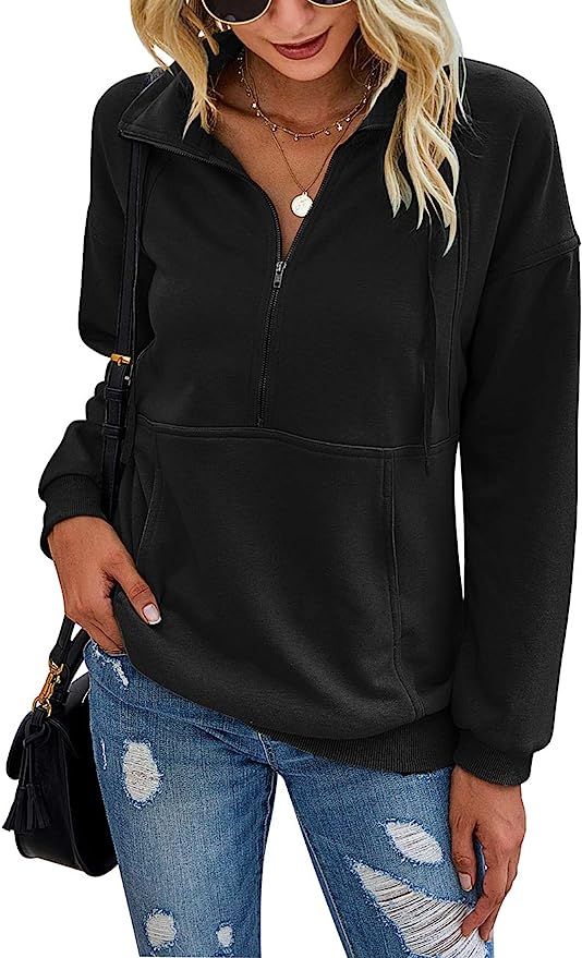 PRETTYGARDEN Women’s Casual Long Sleeve Lapel Zipper Sweatshirt Drawstring Loose Pullover Tops | Amazon (US)