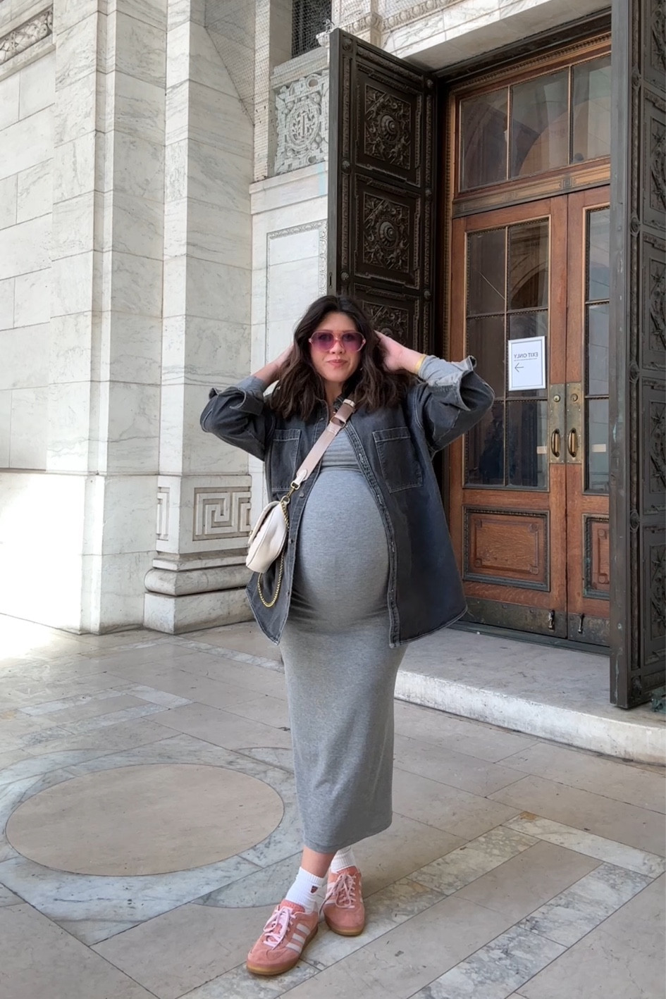 This bump friendly SKIMS DUPE maxi is a must!! It comes in a ton of color and is so soft and comfy! Wearing a M. I walked around NYC all day in my Gazelles, they’re super comfortable. Wearing a M in the H&M oversized denim shirt but prob could’ve sized down.

#LTKbump