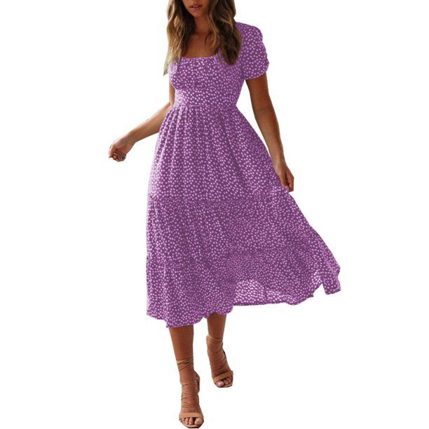 DYMADE Womens Square Neck Polka Dot Short Sleeve Ruffle Swing Dress - Walmart.com | Walmart (US)