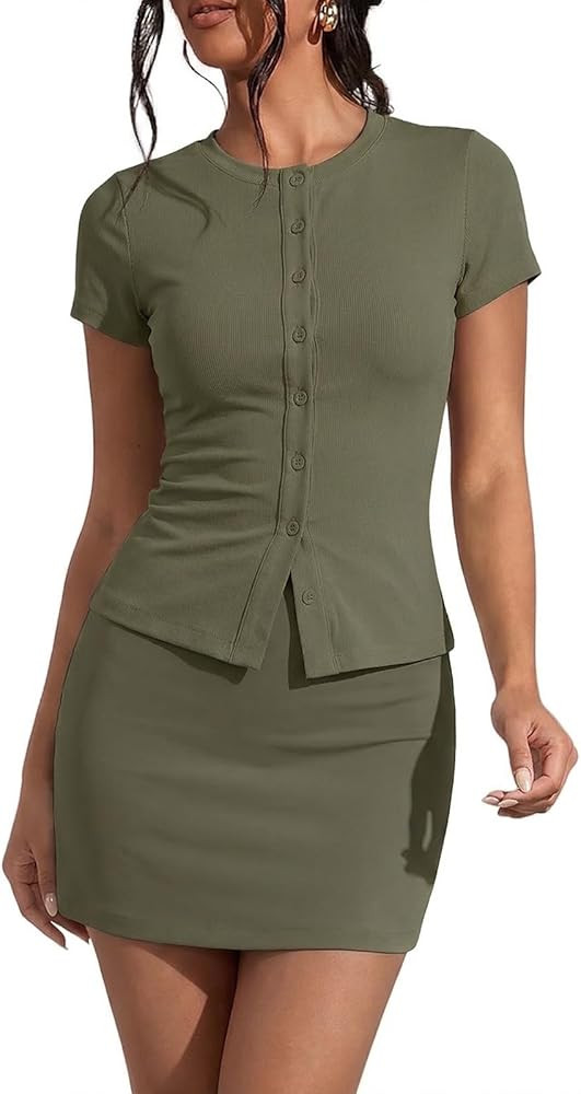 EXLURA Womens Cotton 2 Piece Skort Sets Summer Short Sleeve Button Down Shirts Matching Tennis Sk... | Amazon (US)