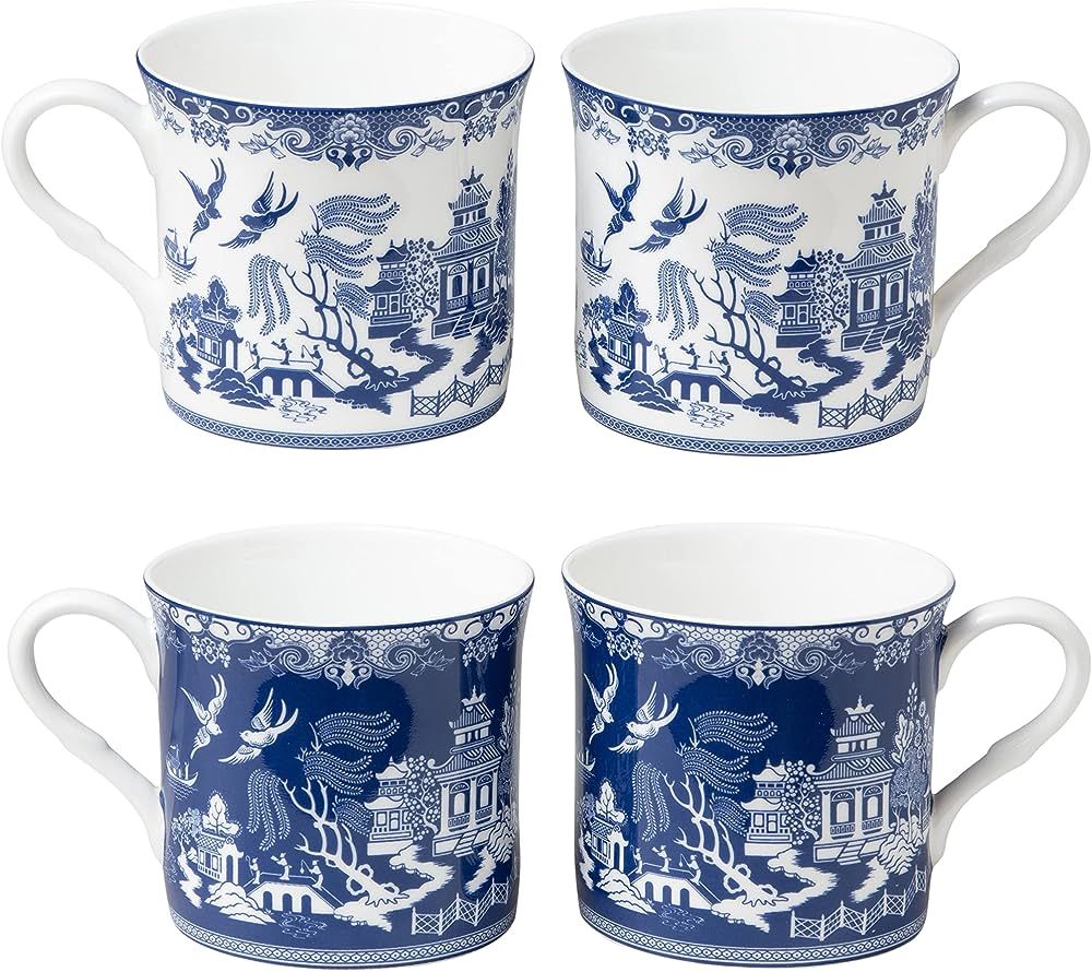 Grace Teaware Blue Willow Bone China Coffee Tea Mugs 10-Ounce (2 Assorted Patterns, Set of 4) (S1730 | Amazon (US)