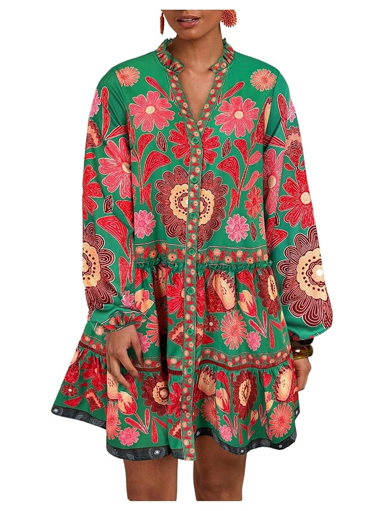 SOLY HUX Women's Floral Print Summer Short Dresses Boho Beach Long Sleeve Button Down Flowy Smock... | Amazon (US)