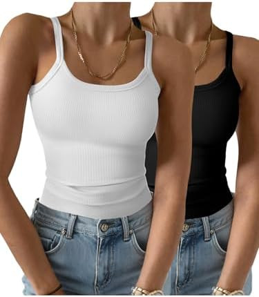 GKBK 2 Pack Womens Sleeveless Tank Top Form Fitting Spaghetti Strap Scoop Neck Ribbed Knit Basic ... | Amazon (US)