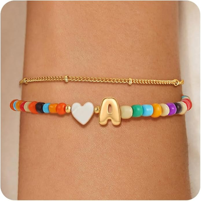 Easter Basket Stuffers Gifts for Kids Girls - Colorful Initial Bracelets for Women 14K Gold Plate... | Amazon (US)