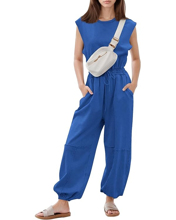 Flygo Womens Casual Jumpsuit Crewneck Cap Sleeve Long Wide Leg Pants One Piece Outfits Drawstring... | Amazon (US)