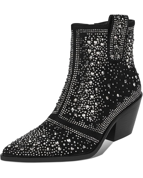 ISNOM Rhinestone Cowboy Boots Sparkly Ankle Boots with Pointed Toe and Chunky Heel Design | Amazon (US)