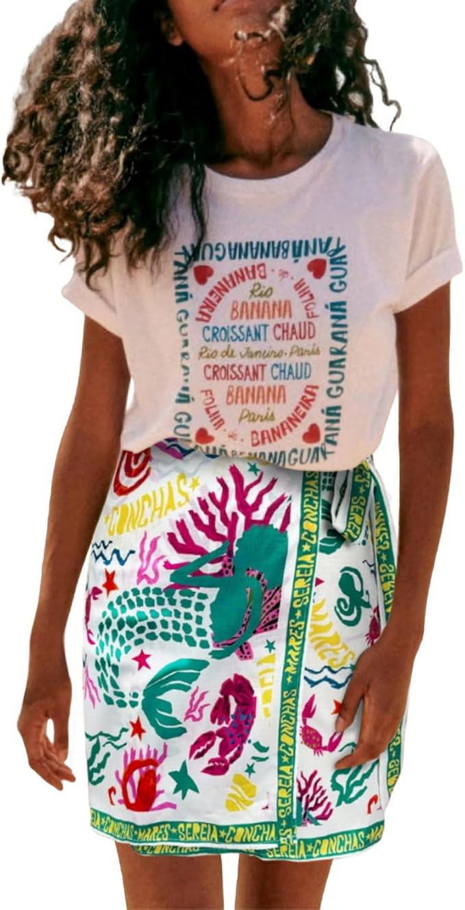 Womens Summer Floral Wrap Short Skirt Tie Side High Waist A Line Beach Vacation Boho Mini Skirt | Amazon (US)