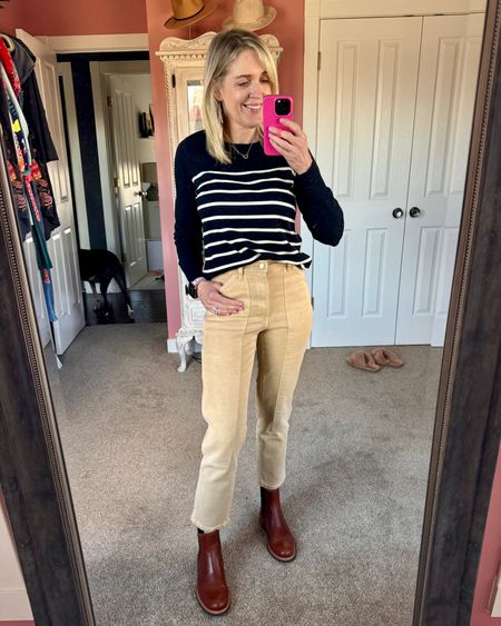 Neutral spring transition outfit. Utility jeans. #stripedsweater #jeans #springoutfit #styleinspo

#LTKover40 #LTKSeasonal #LTKshoecrush