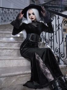 Halloween Witch Flounce Sleeve  Velvet Dress Without Belt
   SKU: sw2207019778769298      
      ... | SHEIN