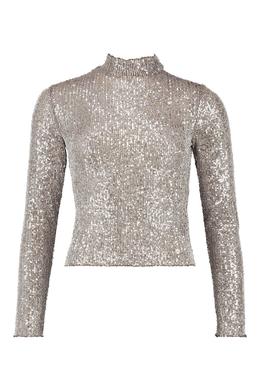 Sequin High Neck Long Sleeved Top | Boohoo.com (US & CA)