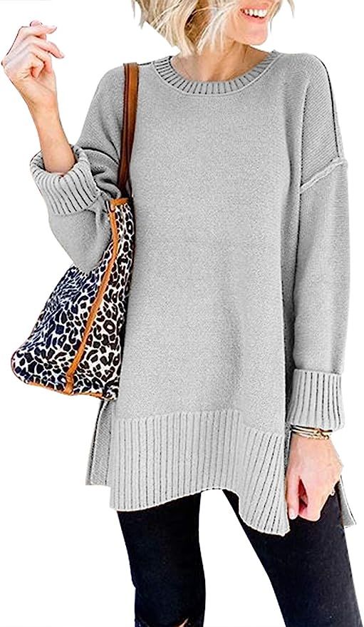 MEROKEETY Women's Casual Crew Neck Side Split Pullover Sweater Loose Long Sleeve Jumper Top | Amazon (US)