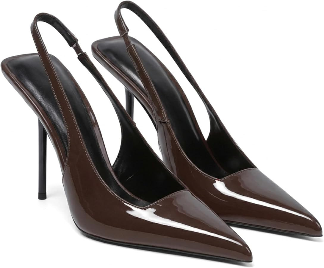 Women's Slingback Stiletto High Heels Pointed Toe Slip On Pumps Shoes Patent Leather Stretch Stra... | Amazon (US)