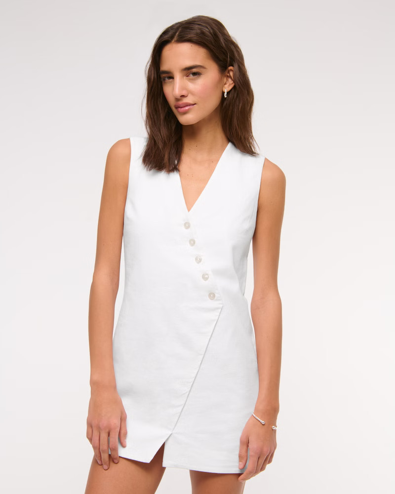 Linen-Blend V-Neck Button Mini Dress | Abercrombie & Fitch (US)