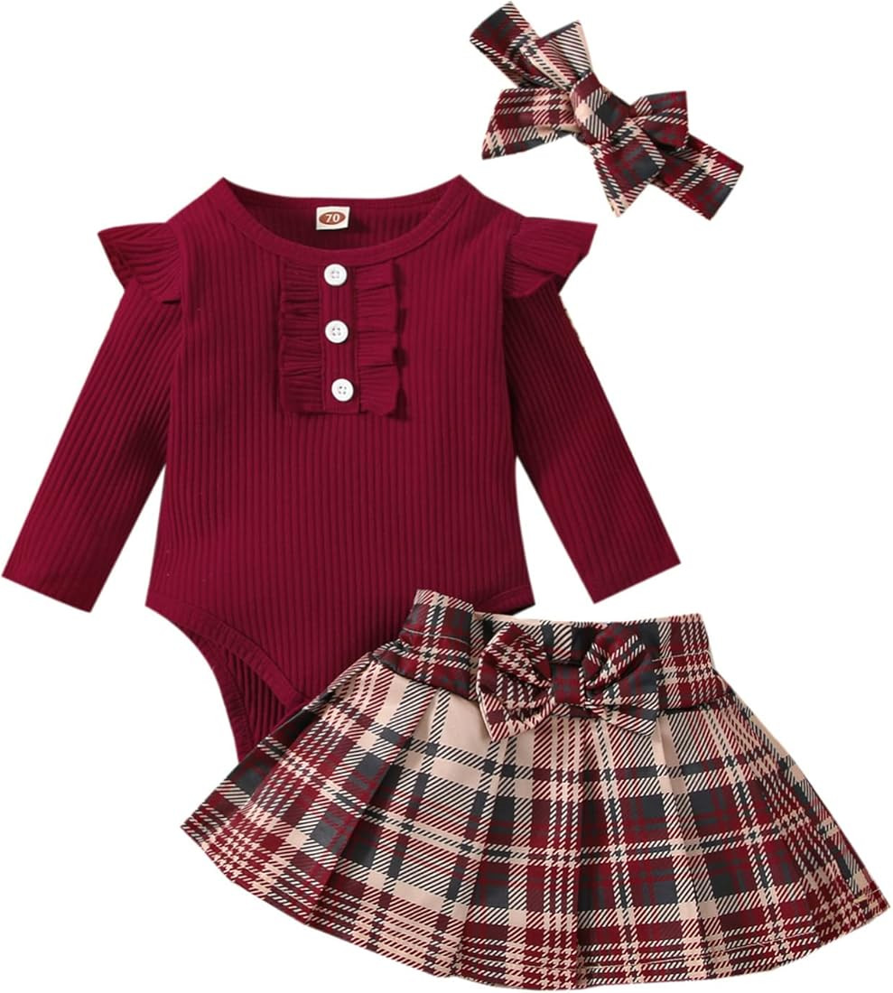 Infant Toddler Baby Girl Fall Winter Outfits Long Sleeve Romper Knitted Bodysuit with Plaid Skirt 2P | Amazon (US)
