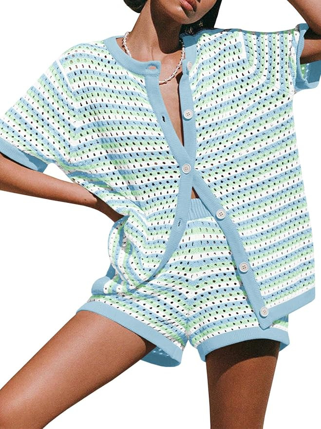Saodimallsu Womens Crochet Swimsuit Coverup Summer Beach Sets Striped Knit Short Sleeve Button Sh... | Amazon (US)