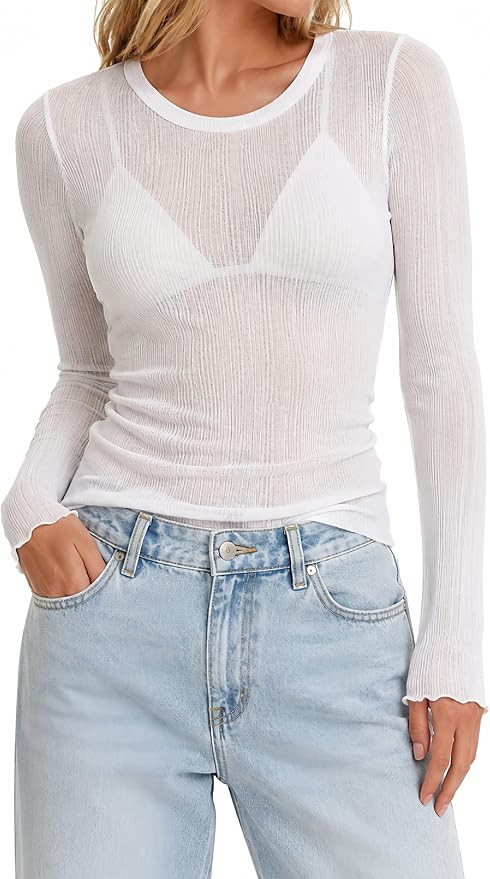 Sunzel Women's Sheer Long Sleeve Fitted Mesh Layering Top for Bralette | Lightweight Cotton-Blend... | Amazon (US)