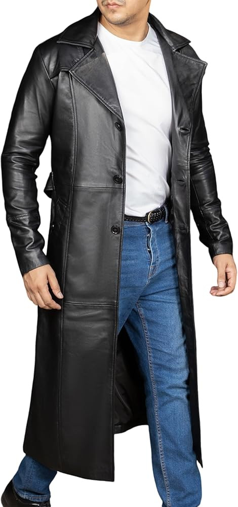 Jild Vintage Classic Leather Trench Coat Men - Full Length Duster Overcoat Lambskin Leather Long ... | Amazon (US)