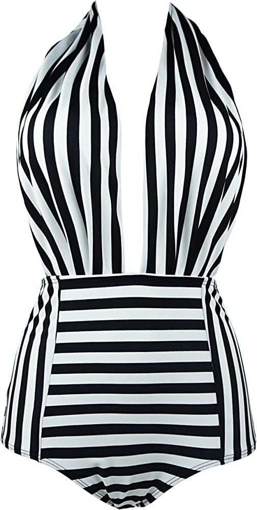 COCOSHIP Retro One Piece Backless Bather Swimsuit High Waisted Pin Up Swimwear(FBA) | Amazon (US)