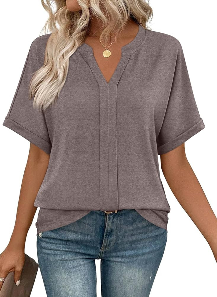 MIHOLL Womens Tops Dressy Casual Short Sleeve V Neck Pleated Tshirts Summer Oversized Loose Fit T... | Amazon (US)