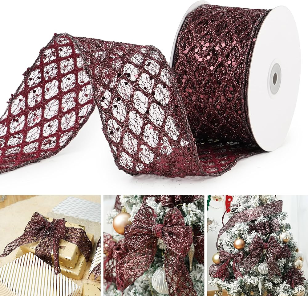 Mayreel Burgundy Glitter Diamond Mesh Wired Ribbon 2.5 Inch, Maroon Christmas Tree Ribbon Wired f... | Amazon (US)