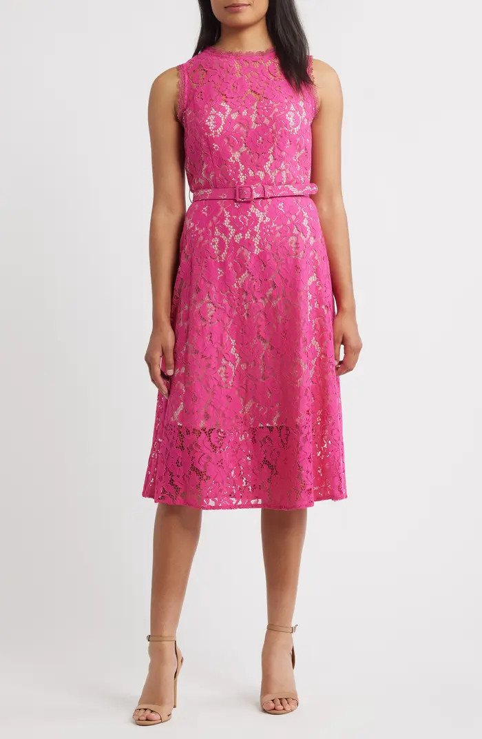 Adrianna Papell Belted Sleeveless Lace Midi Dress | Nordstrom | Nordstrom