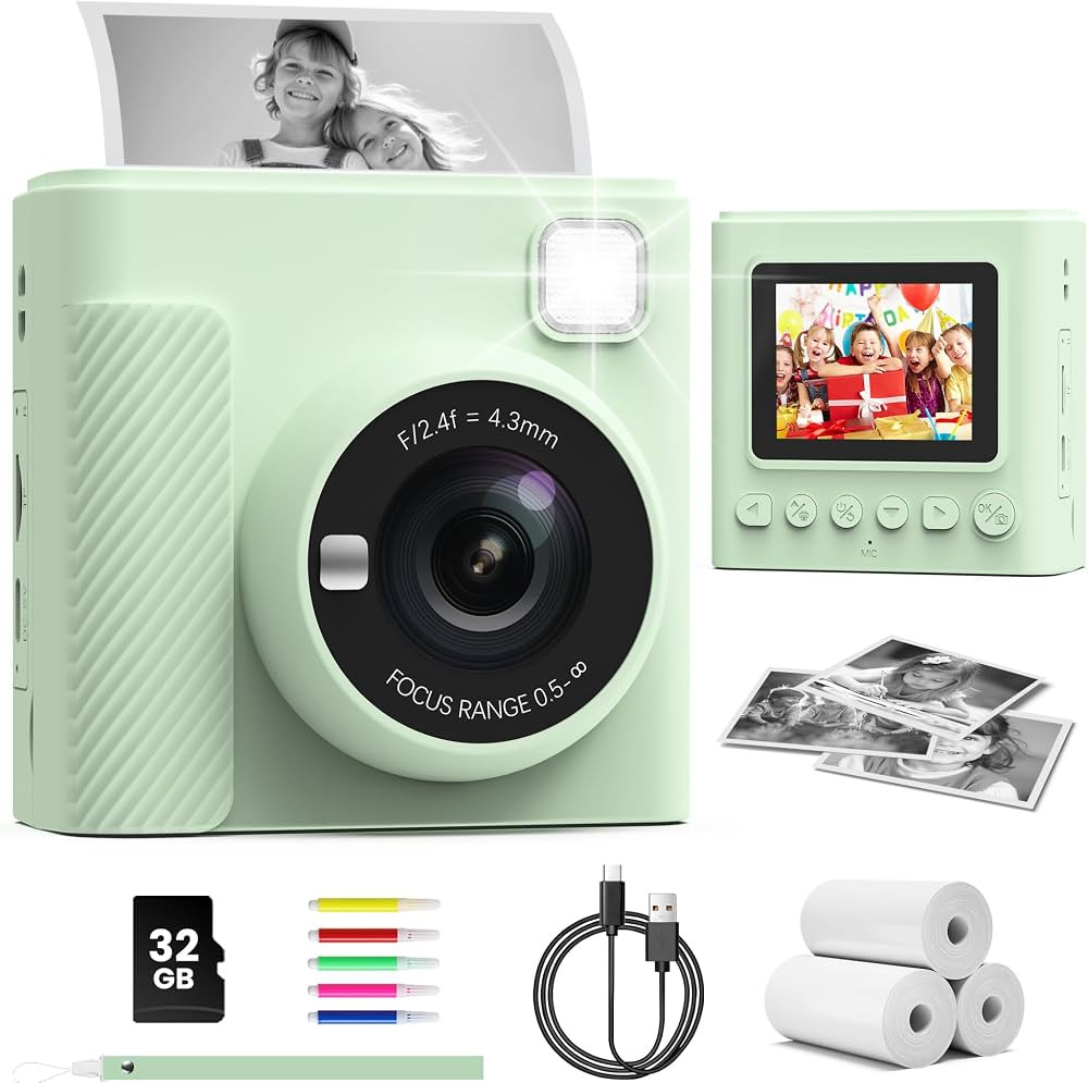 TIATUA Kids Instant Print Camera, 2.4" HD Screen 1080P Digital Toy, Green | Amazon (UK)