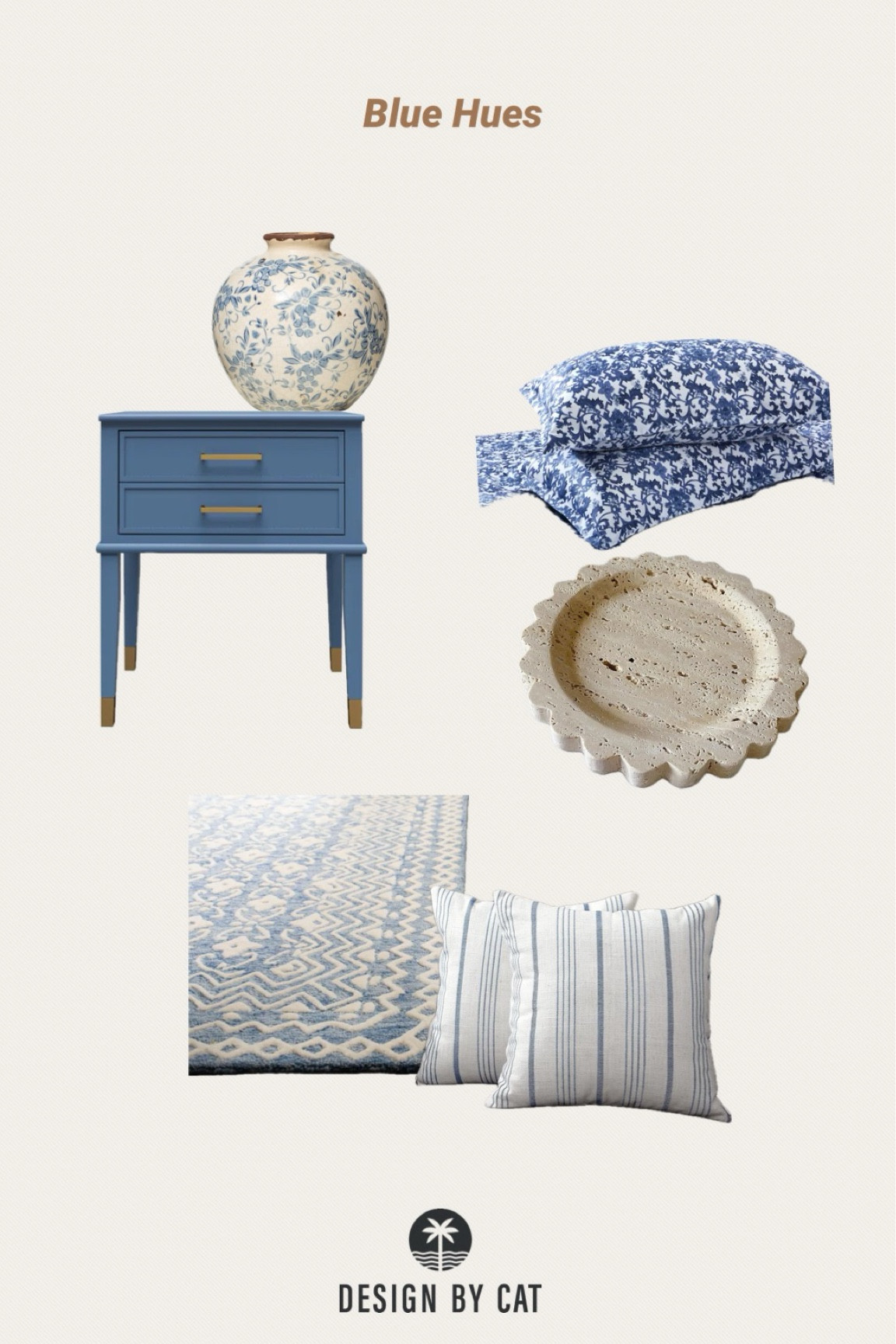 Blue and white home decor
Light blue and white vintage vase
Light blue and white throw pillows
Travertine tray
Blue Nightstand
Light blue and white rug

#LTKhome