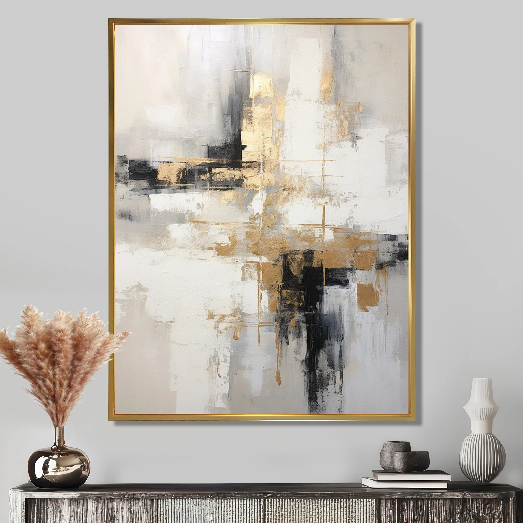 Essential Bliss Minimalism Abstract Gold Painting - Grey Abstract Painting Canvas Print | Wayfair North America
