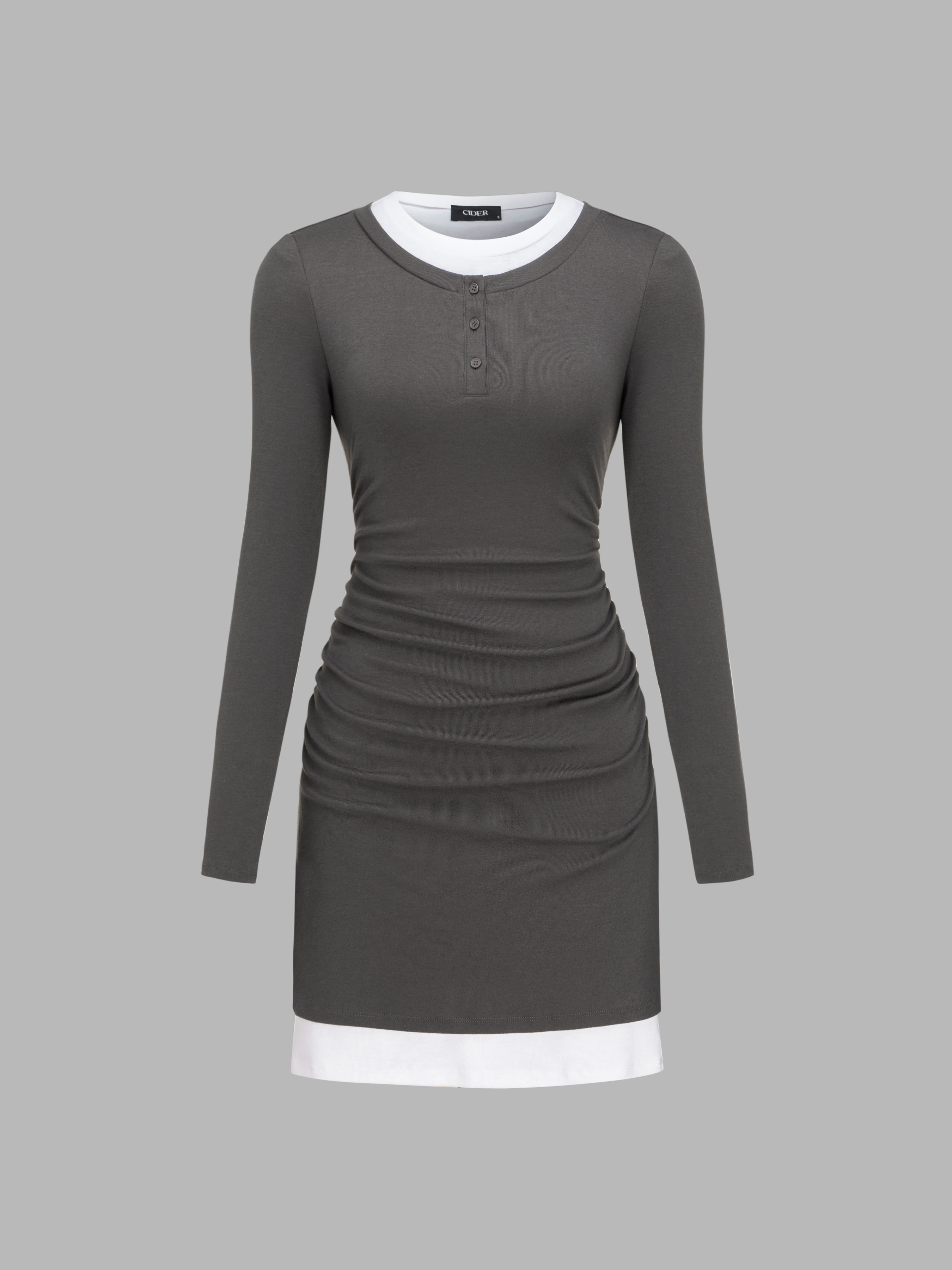 Round Neckline Contrasting Binding Ruched Mini Dress | Cider