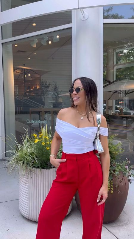 Dressing down my favorite pair of trousers 🍒 Pants come in different colors and these red pants are so versatile! 

Pop of red, casual outfit ideas, elevated casual outfit, smart casual, workwear style, outfit ideas, elevated chic, casual chic, silver purse, white top, styling ideas