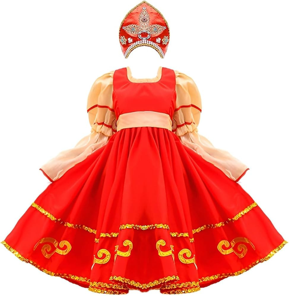 Kids Girls Russian Traditional Dance Dress Performance Costume Outfits Puff Sleeve Pleated | Amazon (US)