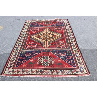 One-of-a-Kind Hand-Knotted 1950s 4'4" x 7'3" Wool Area Rug in Red/Beige/Blue | Wayfair North America