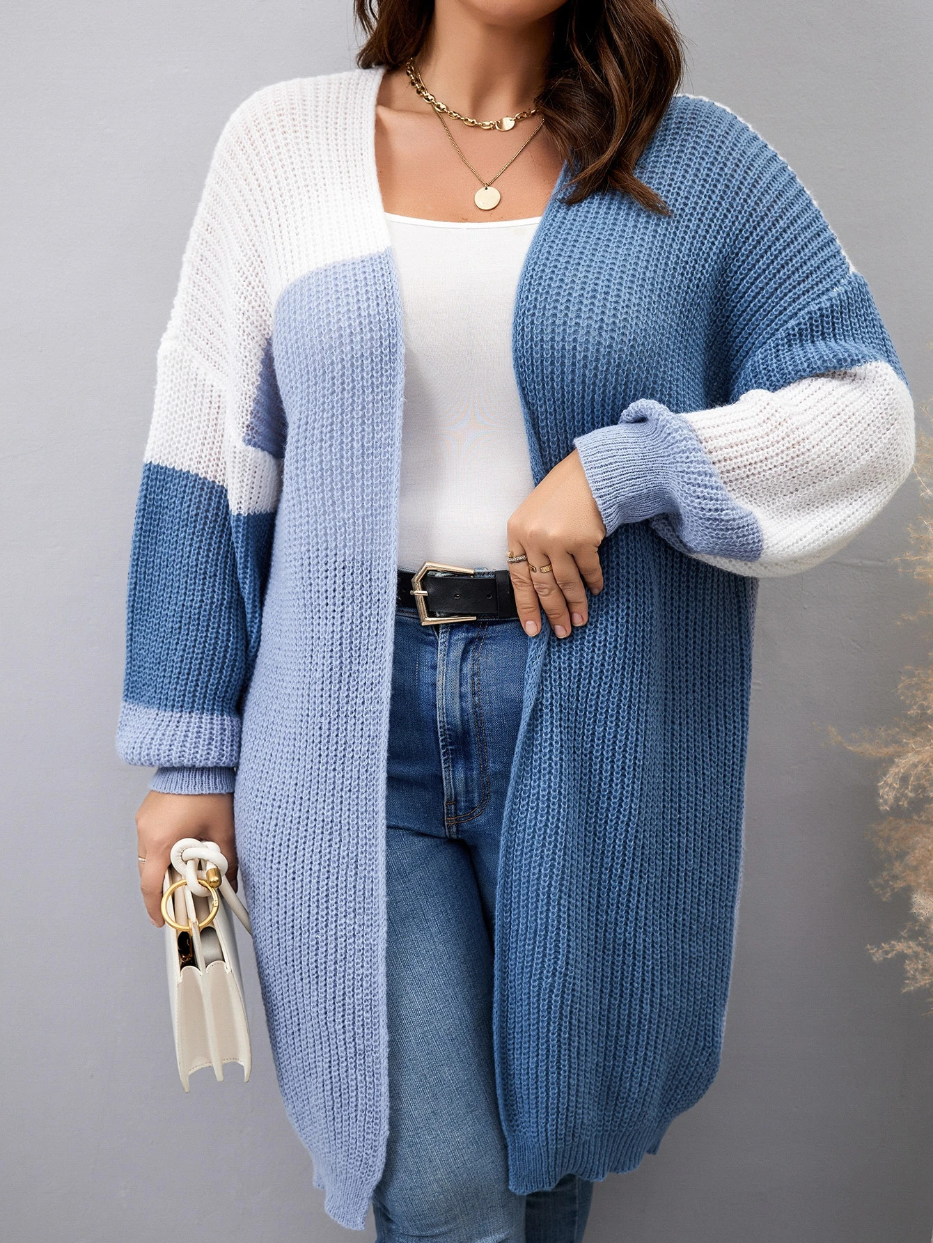 SHEIN LUNE Plus Colorblock Drop Shoulder Duster Cardigan | SHEIN