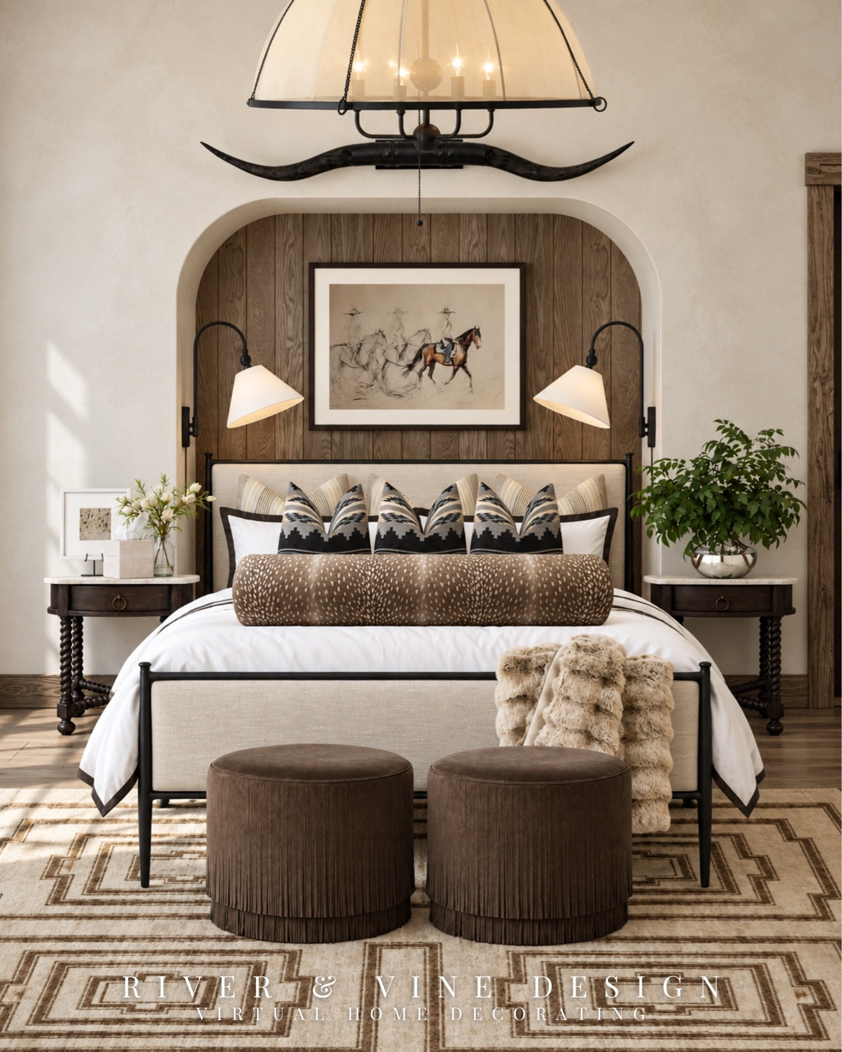 A bedroom can feel layered and collected without feeling busy. The key is giving every pattern a job.

Here, the graphic rug grounds the room, while the bedding keeps the larger pieces quiet and lets the smaller-scale patterns do the talking. The striped pillows, Western-inspired accents, warm wood, dark metal, and touches of animal print all bring character—but the restrained neutral palette keeps everything connected.

And that arched wood inset behind the bed? It gives the entire room an architectural focal point without competing with the styling.

This is the kind of bedroom I love: warm, tailored, a little unexpected, and full of details you notice the longer you look.

Which detail are you noticing first—the longhorn, the bedding, or that rug?

Affiliate links may be included. I may earn a commission from qualifying purchases at no additional cost to you.

Texas estate bedroom, Western bedroom design, modern Western interiors, luxury ranch bedroom, warm neutral bedroom, layered bedding, patterned bedroom rug, designer bedroom inspiration, rustic luxury interiors, equestrian home decor, organic contemporary bedroom, transitional bedroom design

#LTKHome