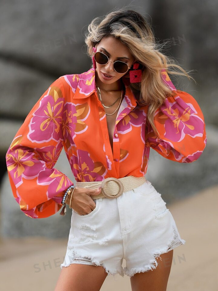 SHEIN VCAY Floral Print Lantern Sleeve Shirt | SHEIN